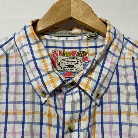 XXL Plaid Vintage 1964 Washed Stoned & Beaten Button Down Long Sleeve Shirt - Picture 8 of 8